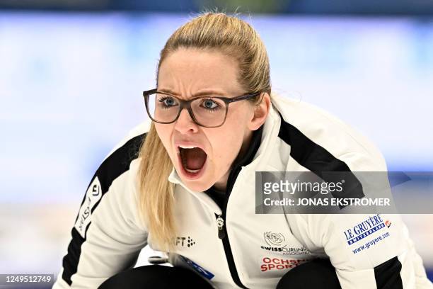 Alina Paetz of Switzerland reacts during the gold medal game between Norway and Switzerland of the LGT World Womens Curling Championship at Goransson...