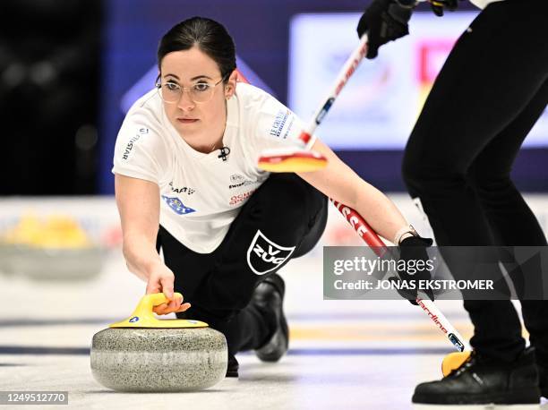 Carole Howald ofSwitzerland competes during the gold medal game between Norway and Switzerland of the LGT World Womens Curling Championship at...