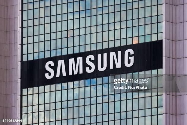 Samsung logo is seen on Warsaw Marriott Hotel building in Warsaw, Poland on March 26, 2023.