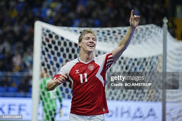 Denmark's forward Rasmus Hojlund celebrates after scoring during the UEFA Euro 2024 Group H qualification football match Kasakhstan v Denmark in...