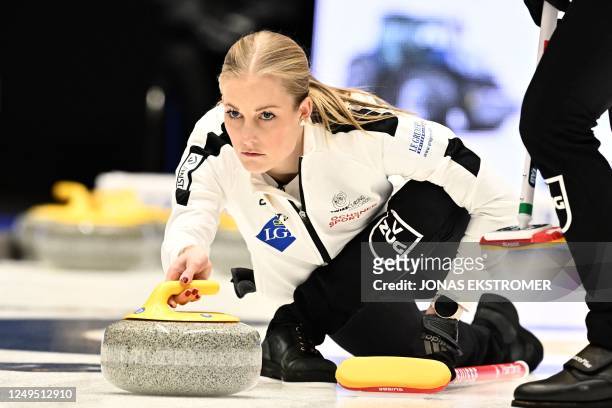 Briar Schwaller-Huerlimann of Switzerland competes during the gold medal game between Norway and Switzerland of the LGT World Womens Curling...