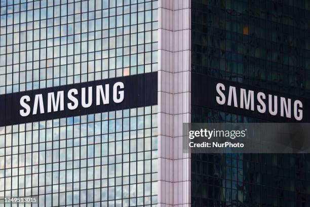 Samsung logo is seen on Warsaw Marriott Hotel building in Warsaw, Poland on March 26, 2023.