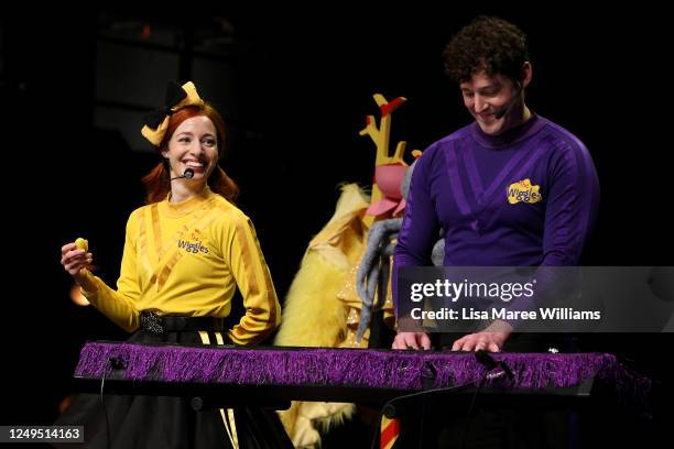 Emma Watkins and Lachlan Gillespie of The Wiggles perform on stage during a live-streaming event at the Sydney Opera House on June 13, 2020 in...