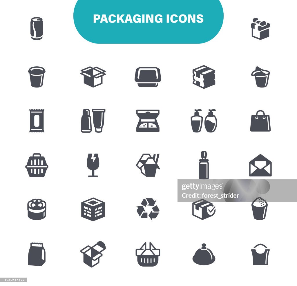 Packaging Icons. Set contain icon as Box - Container, Cardboard, Cargo Container, Carton, Illustration