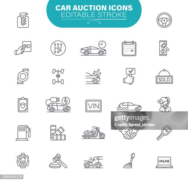 car auction icons. set contains icon as transportation, bidding, sold, auction hammer, vehicle, illustration - auction stock illustrations