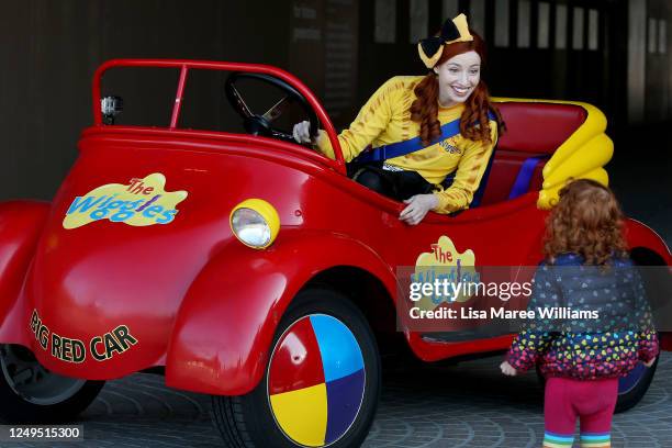 Emma Watkins of The Wiggles greets a young fan during filming at the Sydney Opera House on June 13, 2020 in Sydney, Australia. The Sydney Opera House...