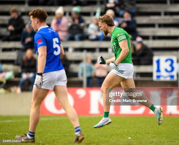 Cavan , Ireland - 26 March 2023; Ultan Kelm of Fermanagh celebrates after scoring a goal during the Allianz Football League Division 3 match between...