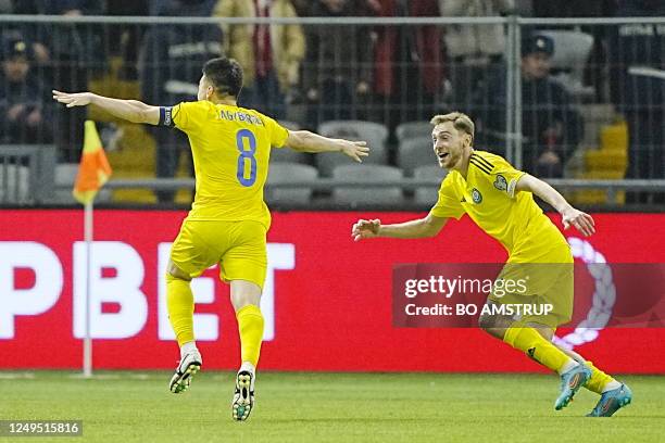 Kazakhstan's midfielder Askhat Tagybergen celebrates scoring during the UEFA Euro 2024 Group H qualification football match Kasakhstan v Denmark in...