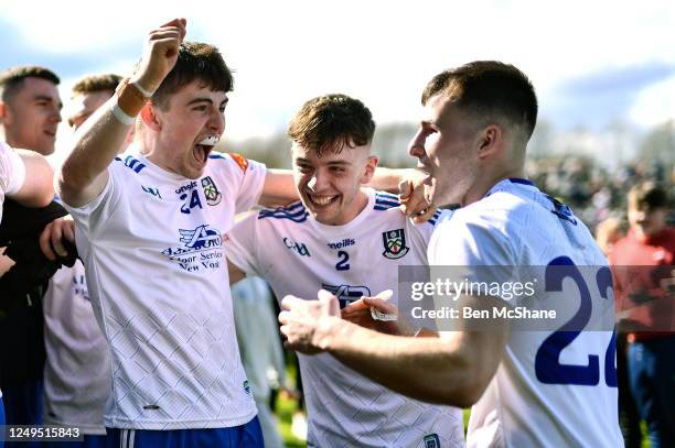 Mayo , Ireland - 26 March 2023; Monaghan players, from left, Jason Irwin, Thomas McPhillips and Karl O'Connell celebrate after the Allianz Football...