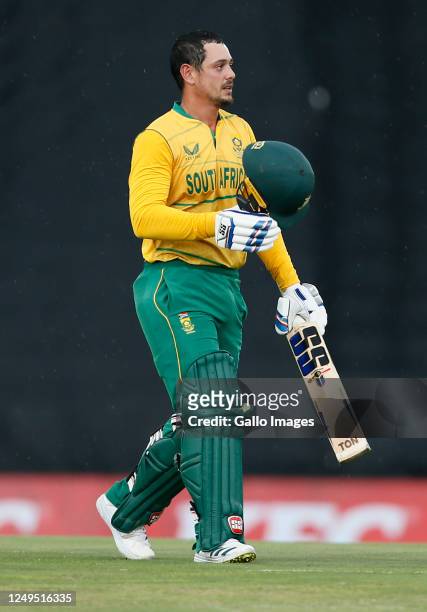 Quinton de Kock of South Africa celebrates his century during the 2nd KFC T20 International match between South Africa and West Indies at SuperSport...