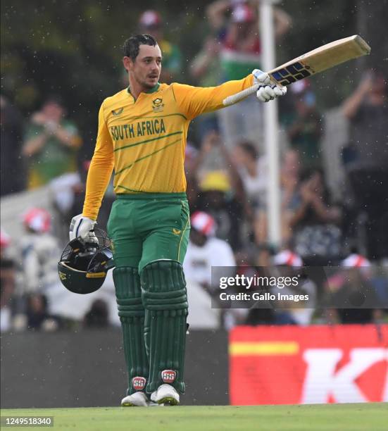 Quinton de Kock of South Africa celebrates his 100 during the 2nd KFC T20 International match between South Africa and West Indies at SuperSport Park...