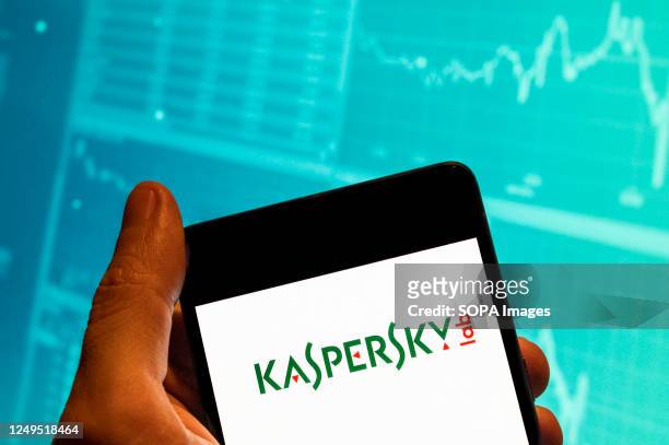 In this photo illustration, the multinational cybersecurity and anti-virus software provider Kaspersky Lab logo seen displayed on a smartphone with...