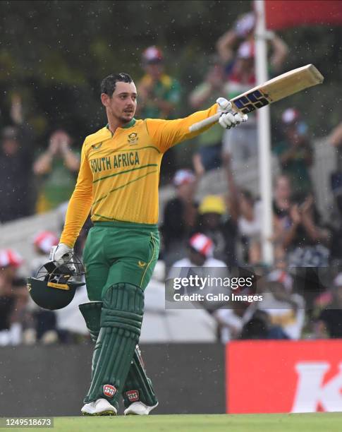 Quinton de Kock of South Africa celebrates his 100 during the 2nd KFC T20 International match between South Africa and West Indies at SuperSport Park...