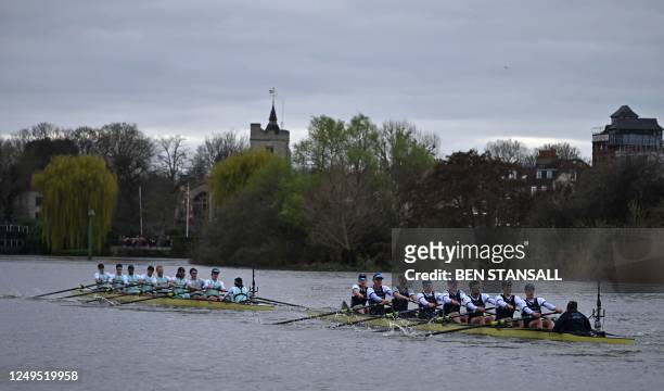 The Oxford boat trails The Cambridge boat during the 168th annual men's boat race between Oxford University and Cambridge University on the River...