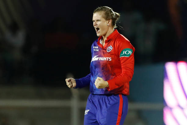 Jess Jonassen of Delhi Capitals celebrates the wicket of Hayley Matthews of Mumbai Indians during the Women's Premier League.