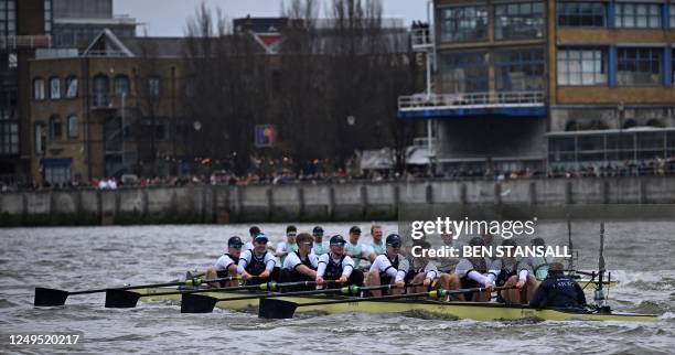 The Oxford boat trails The Cambridge boat during the 168th annual men's boat race between Oxford University and Cambridge University on the River...