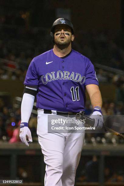 Colorado Rockies Infield Mike Moustakas walks to the dugout during a spring training game between the Colorado Rockies and Cleveland Guardians on...