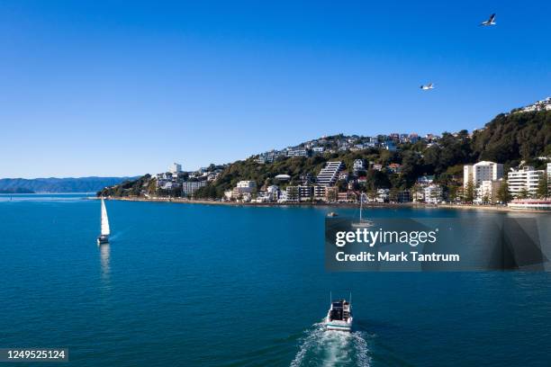 Range of boats enjoy the calm conditions on the harbour on June 14, 2020 in Wellington, New Zealand. New Zealand moved to COVID-19 Alert Level 1 on...