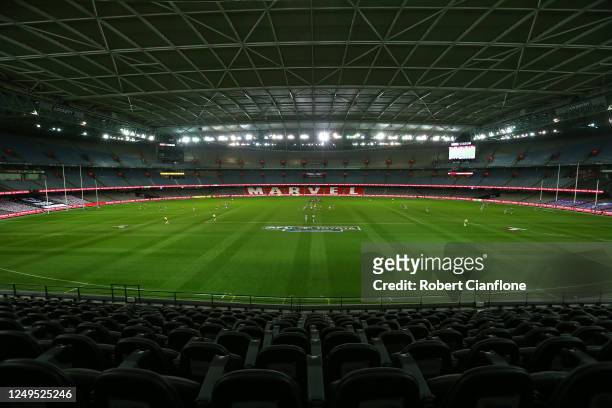 General view during the round 3 AFL match between the St Kilda Saints and the Western Bulldogs at Marvel Stadium on June 14, 2020 in Melbourne,...