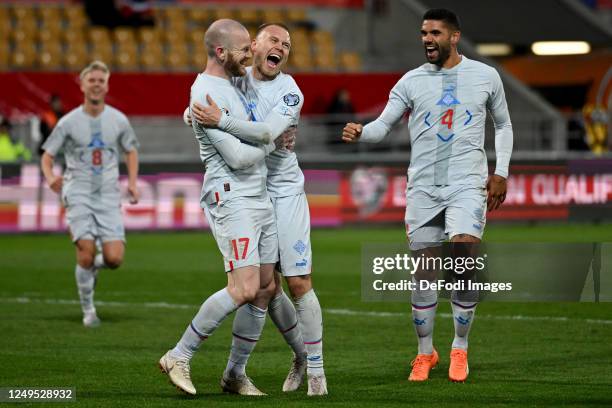 Aron Gunnarsson of Iceland celebrates after scoring his team's fifth goal with teammates during the UEFA EURO 2024 qualifying round group J match...