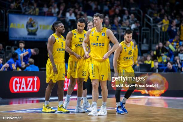 The players of ALBA Berlin during the easycredit BBL match between ALBA Berlin and Brose Bamberg on March 26, 2023 in Berlin, Germany.