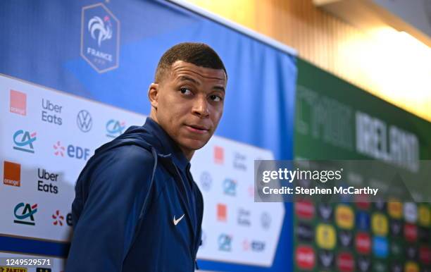 Dublin , Ireland - 26 March 2023; Kylian Mbappé during a France press conference at Aviva Stadium in Dublin.