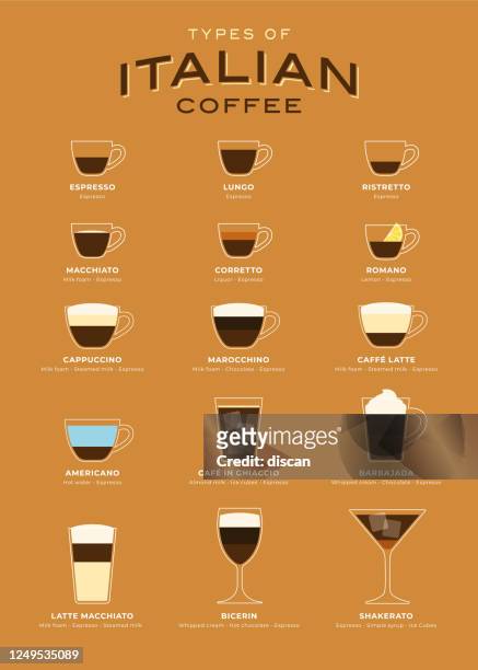 types of italian coffee vector illustration. infographic of coffee types and their preparation. coffee house menu. flat style. - typing stock illustrations
