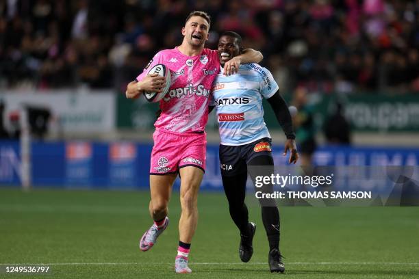 Racing92s English wing Christian Wade and Stade Francais South African centre Jeremy Ward react during the French Top 14 match between Stade Français...