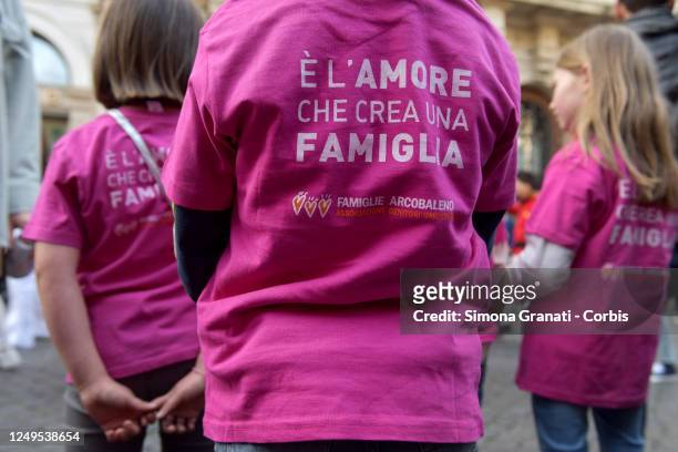 The rainbow families demonstrate in the square in Piazza Santi Apostoli, wearing t-shirts that read "it's love that creates a family", to ask for the...