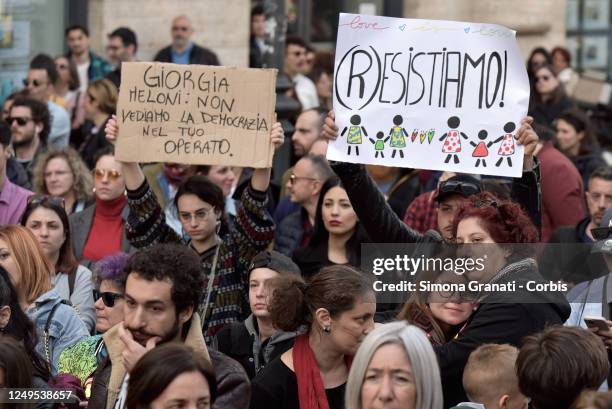 The rainbow families demonstrate in the square in Piazza Santi Apostoli, with a sign saying "Giorgia Meloni we don't see democracy in your work" to...