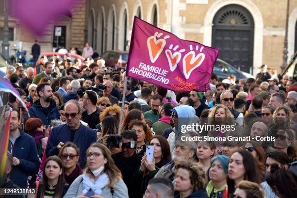 The rainbow families demonstrate in the square in Piazza Santi Apostoli to ask for the recognition of the birth certificates of children born from...