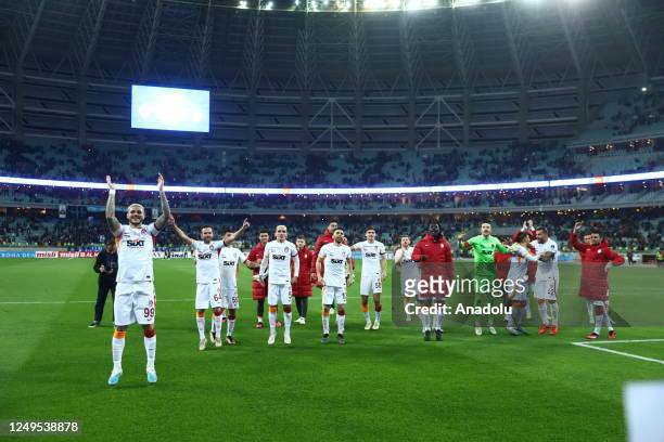 Players of Galatasaray celebrate after winning the friendly match between Galatasaray and Qarabag at Baku Olympic Stadium on March 26, 2023 in Baku,...