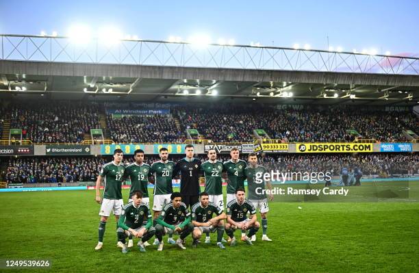 Belfast , United Kingdom - 26 March 2023; The Northern Ireland team back row from left, Paddy McNair, Shea Charles, Craig Cathcart, Bailey...