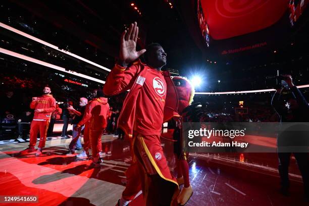 Clint Capela of the Atlanta Hawks is introduced before the game against the Memphis Grizzlies on March 26, 2023 at State Farm Arena in Atlanta,...