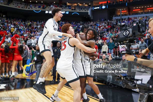 The San Diego State Aztecs celebrate defeating the Creighton Bluejays during the Elite Eight round of the 2023 NCAA Men's Basketball Tournament held...