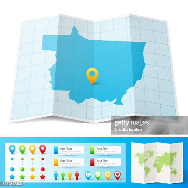 ilustraciones, imágenes clip art, dibujos animados e iconos de stock de mapa de mato grosso con pines de ubicación aislados sobre fondo blanco - cuiabá
