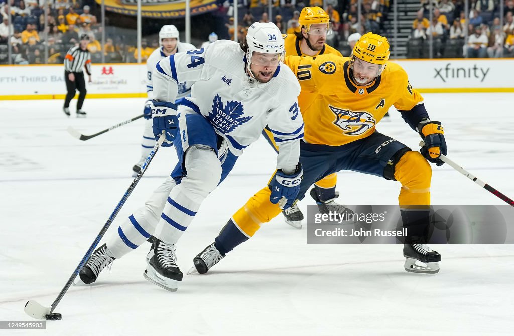 Toronto Predators Auston Matthews of the Toronto Maple Leafs drives the puck to the net ...