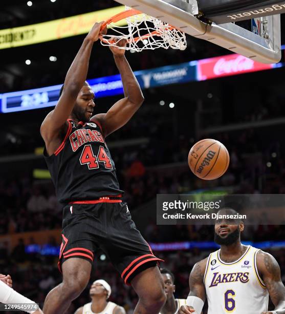 Patrick Williams of the Chicago Bulls scores a basket against LeBron James of the Los Angeles Lakers during the second half at Crypto.com Arena on...