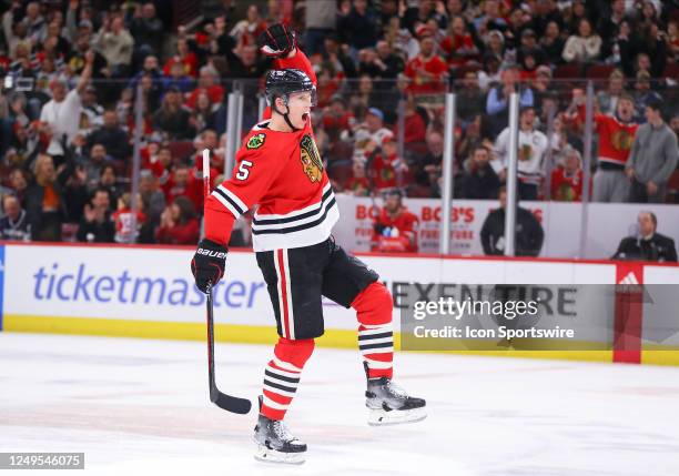 Chicago Blackhawks defenseman Connor Murphy reacts after scoring a goal during a game between the Vancouver Canucks and the Chicago Blackhawks on...