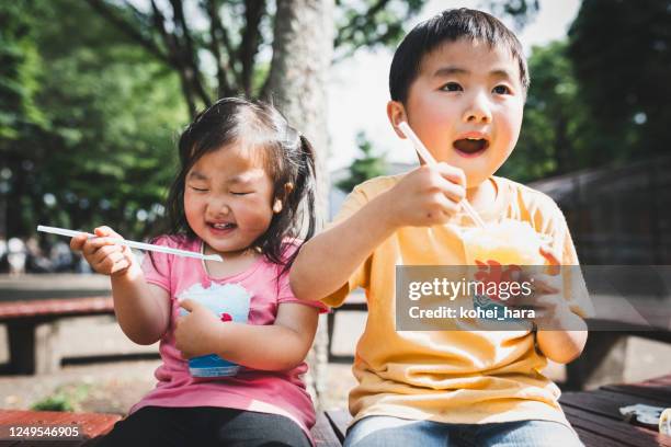 siblings die geschoren ijs in het park eten - shaved ice stockfoto's en -beelden