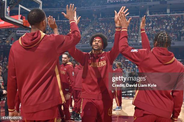 Jarrett Allen of the Cleveland Cavaliers is introduced before the game against the Houston Rockets on March 26, 2023 at Rocket Mortgage FieldHouse in...