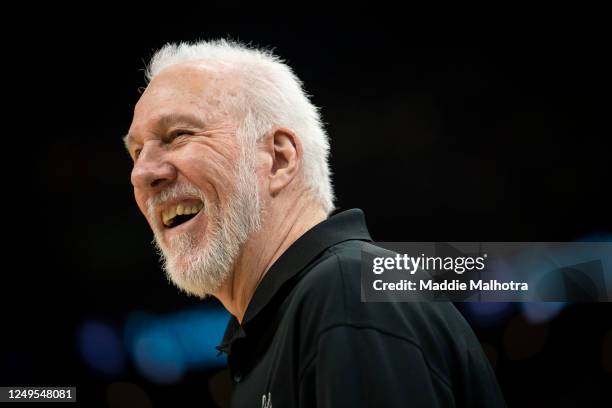 Head Coach Gregg Popovich of the San Antonio Spurs reacts during the first half of a game against the Boston Celtics at TD Garden on March 26, 2023...