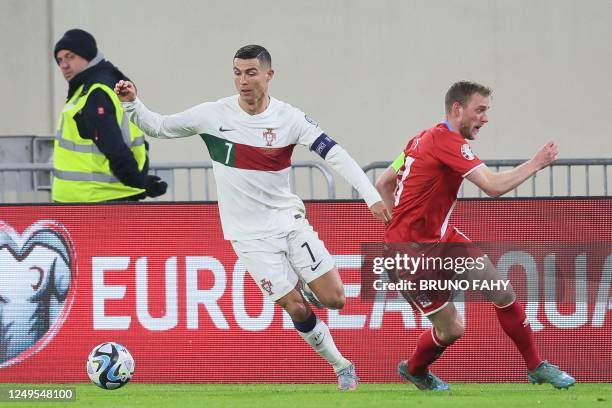 Portuguese Cristiano Ronaldo and Luxembourg's Laurent Jans fight for the ball during a soccer game between the national teams of Luxembourg and...