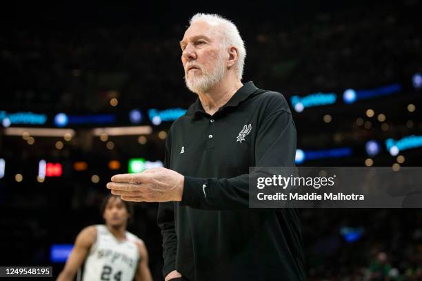 Head Coach Gregg Popovich of the San Antonio Spurs reacts during the first half of a game against the Boston Celtics at TD Garden on March 26, 2023...