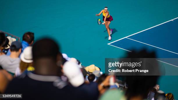 Petra Kvitova of the Czech Republic in action against Donna Vekic of Croatia in her third-round match on Day 8 of the Miami Open at Hard Rock Stadium...