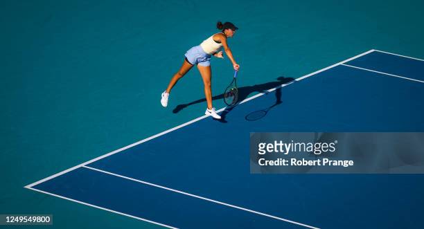 Madison Keys of the United States in action against Barbora Krejcikova of the Czech Republic in her third-round match on Day 8 of the Miami Open at...