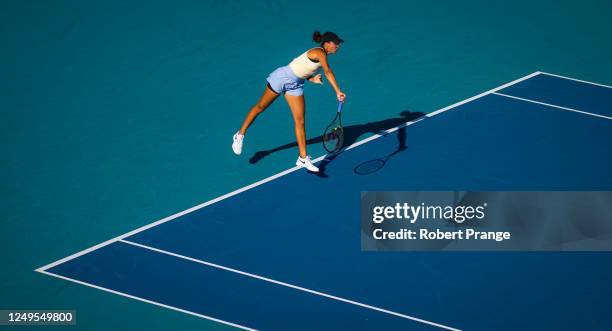 Madison Keys of the United States in action against Barbora Krejcikova of the Czech Republic in her third-round match on Day 8 of the Miami Open at...