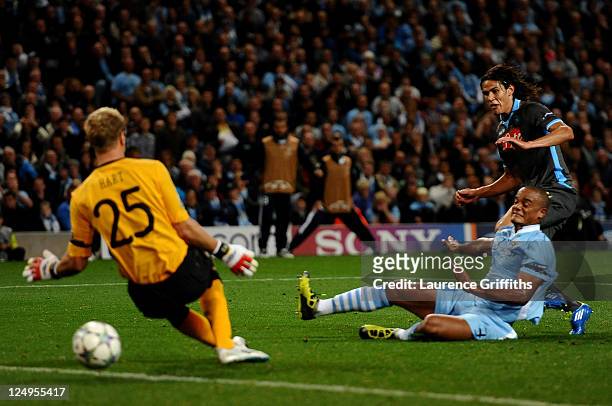 Edinson Cavani of Napoli scores the opening goal during the UEFA Champions League Group A match between Manchester City and SSC Napoli at the Etihad...