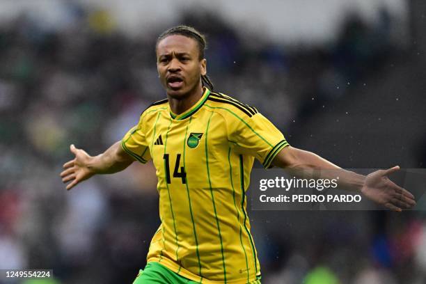 Jamaica's midfielder Bobby Reid celebrates after scoring a goal during the Concacaf Nations League football match between Mexico and Jamaica at the...