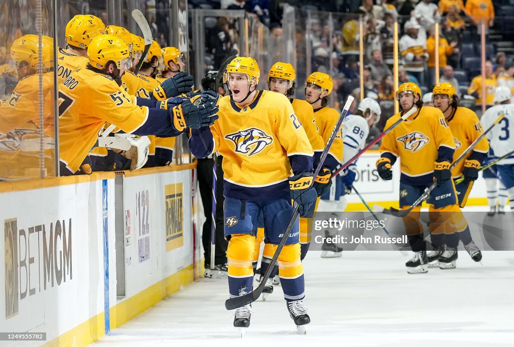 Toronto Predators Tyson Barrie of the Nashville Predators celebrates his goal against ...